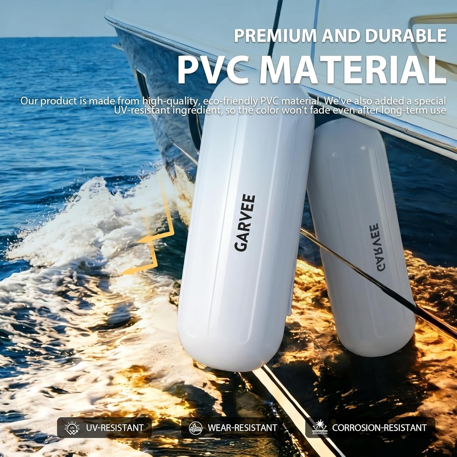 Garvee 10" x 28" HTM Boat Fender Set – 4-Pack Inflatable Center Hole Marine Boat Bumpers with Hand Pump and Storage Bag, Heavy-Duty PVC Dock Protection Guards for Yachts and Sailboats (White)