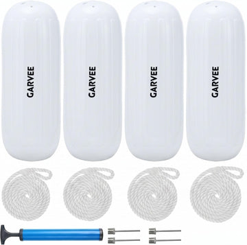Garvee 10" x 28" HTM Boat Fender Set – 4-Pack Inflatable Center Hole Marine Boat Bumpers with Hand Pump and Storage Bag, Heavy-Duty PVC Dock Protection Guards for Yachts and Sailboats (White)