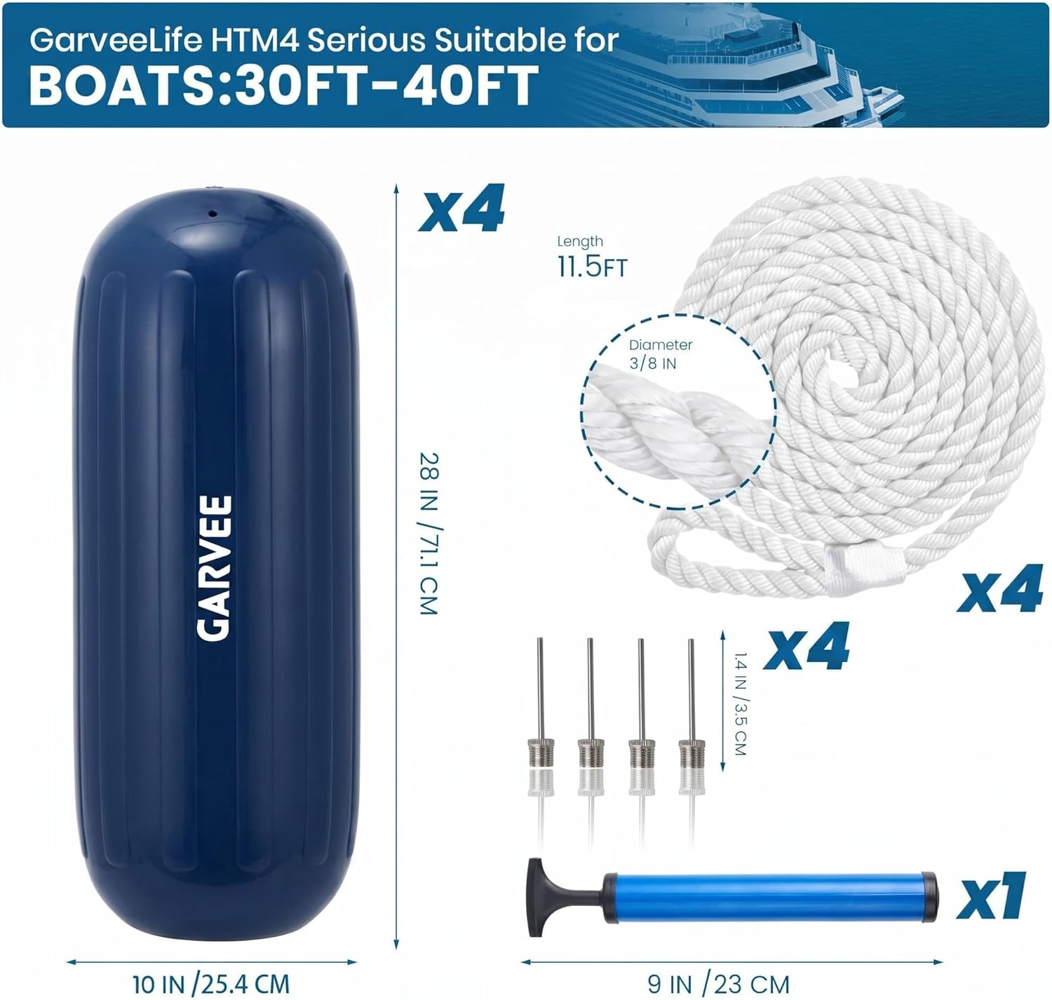 Garvee 10" x 28" HTM Boat Fender Set – 4-Pack Inflatable Center Hole Marine Boat Bumpers with Hand Pump and Storage Bag, Heavy-Duty PVC Dock Protection Guards for Yachts and Sailboats (Blue)