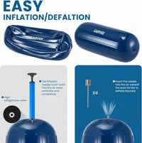 Garvee 10" x 28" HTM Boat Fender Set – 4-Pack Inflatable Center Hole Marine Boat Bumpers with Hand Pump and Storage Bag, Heavy-Duty PVC Dock Protection Guards for Yachts and Sailboats (Blue)