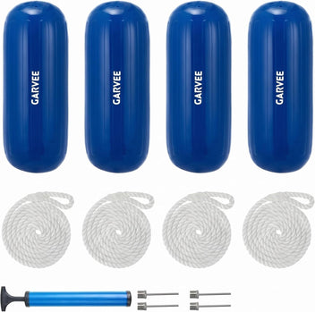 Garvee 10" x 28" HTM Boat Fender Set – 4-Pack Inflatable Center Hole Marine Boat Bumpers with Hand Pump and Storage Bag, Heavy-Duty PVC Dock Protection Guards for Yachts and Sailboats (Blue)