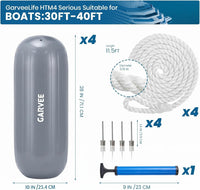 Garvee 10" x 28" HTM Boat Fender Set – 4-Pack Inflatable Center Hole Marine Boat Bumpers with Hand Pump and Storage Bag, Heavy-Duty PVC Dock Protection Guards for Yachts and Sailboats (Gray)
