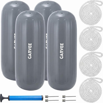 Garvee 10" x 28" HTM Boat Fender Set – 4-Pack Inflatable Center Hole Marine Boat Bumpers with Hand Pump and Storage Bag, Heavy-Duty PVC Dock Protection Guards for Yachts and Sailboats (Gray)