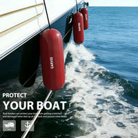 Garvee 10" x 28" HTM Boat Fender Set – 4-Pack Inflatable Center Hole Marine Boat Bumpers with Hand Pump and Storage Bag, Heavy-Duty PVC Dock Protection Guards for Yachts and Sailboats (Red)