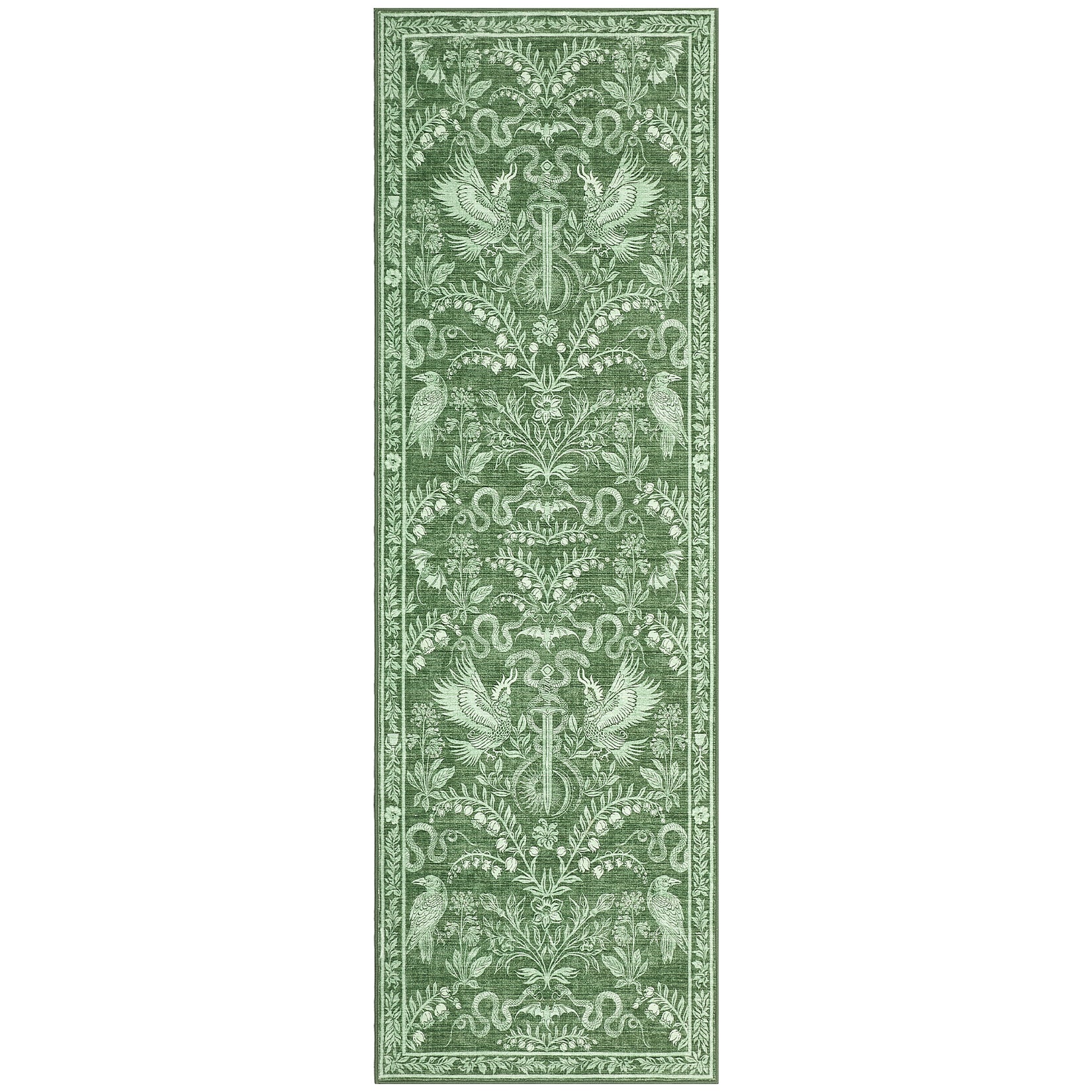 Garvee 2' x 6' Vintage Botanical Bird & Snake Runner Rug, Washable Non-Slip Soft Low-Pile Rug for Hallway, Kitchen & Entryway, Green