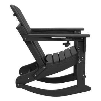 Garvee HDPE Folding Adirondack Rocking Chair, 380 lbs Patio Chair with Retractable Ottoman for Deck & Fire Pit, Cup Holders & Wood Texture, Black
