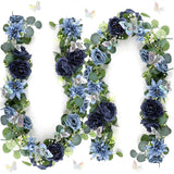 Garvee Artificial Eucalyptus Garland with Navy Blue Roses & 3D Silver Butterflies, 2-Pack, Silk & Plastic Faux Floral Vine for Wedding, Home – Length 180cm, Navy Blue
