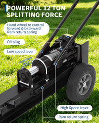 Garvee 12 Ton Manual Log Splitter, Hydraulic Wood Splitter with 9.8" Rubber Tires and Dual Speed Pump