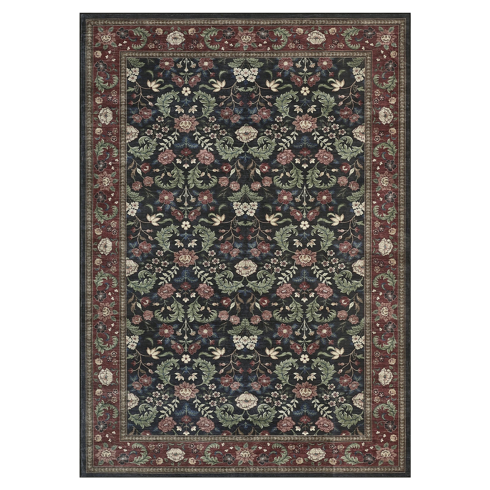 Garvee 8' x 10' Black Garden Floral Area Rug, Washable Non-Slip Low-Pile Large Vintage Botanical Rug for Living Room & Dining Room
