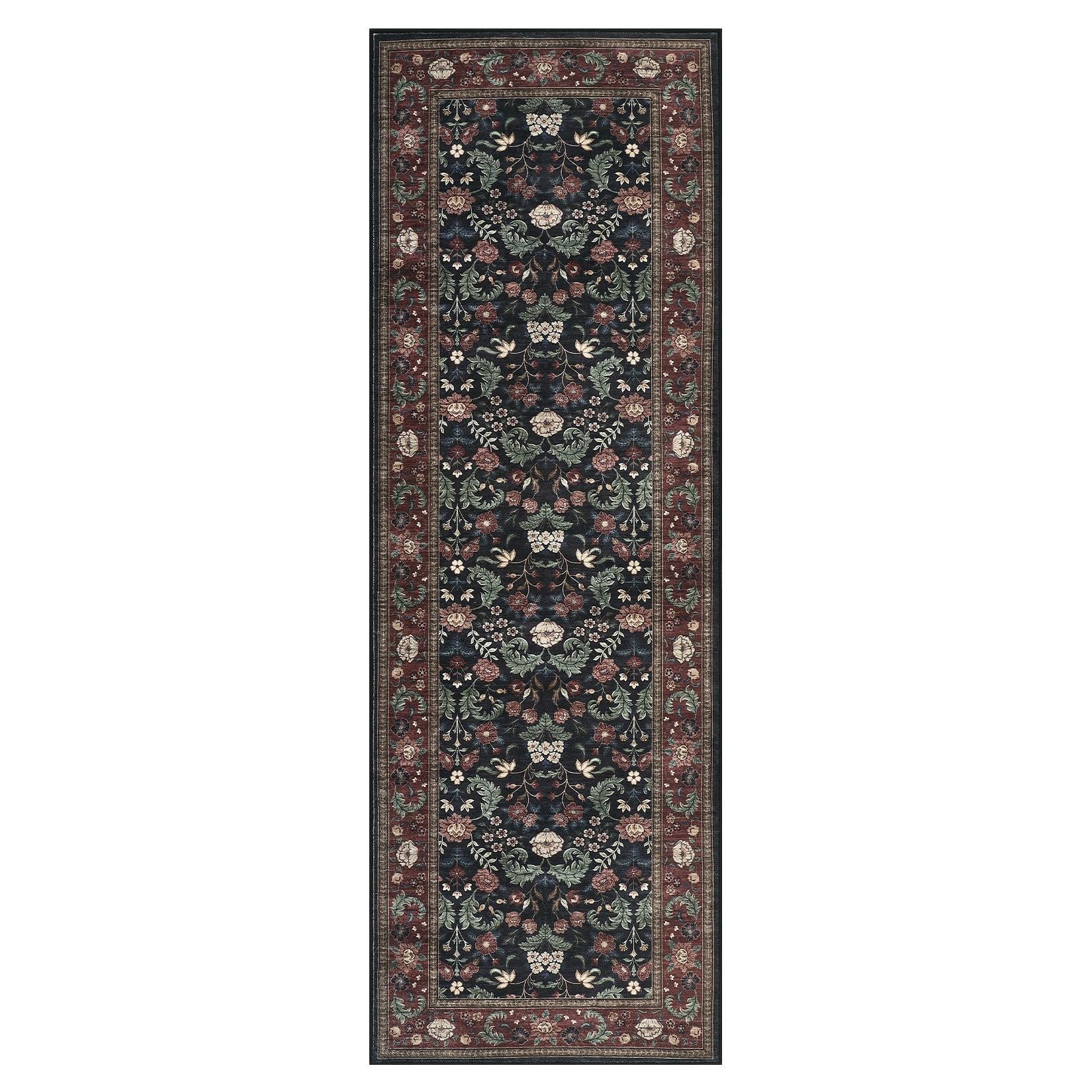 Garvee 2' x 6' Black Garden Floral Runner Rug, Washable Non-Slip Low-Pile Vintage Botanical Rug for Hallway, Kitchen & Entryway