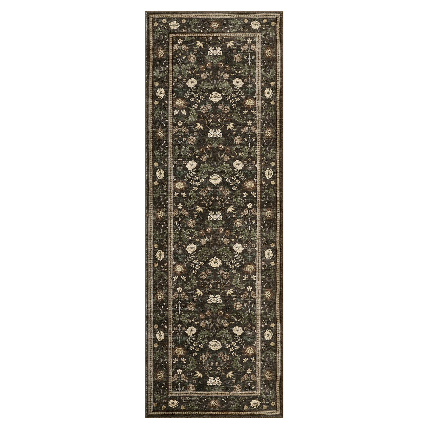 Garvee 2' x 6' Chocolate Brown Vintage Floral Runner Rug, Washable Non-Slip Low-Pile Hallway Rug with Rustic Border for Kitchen & Entryway