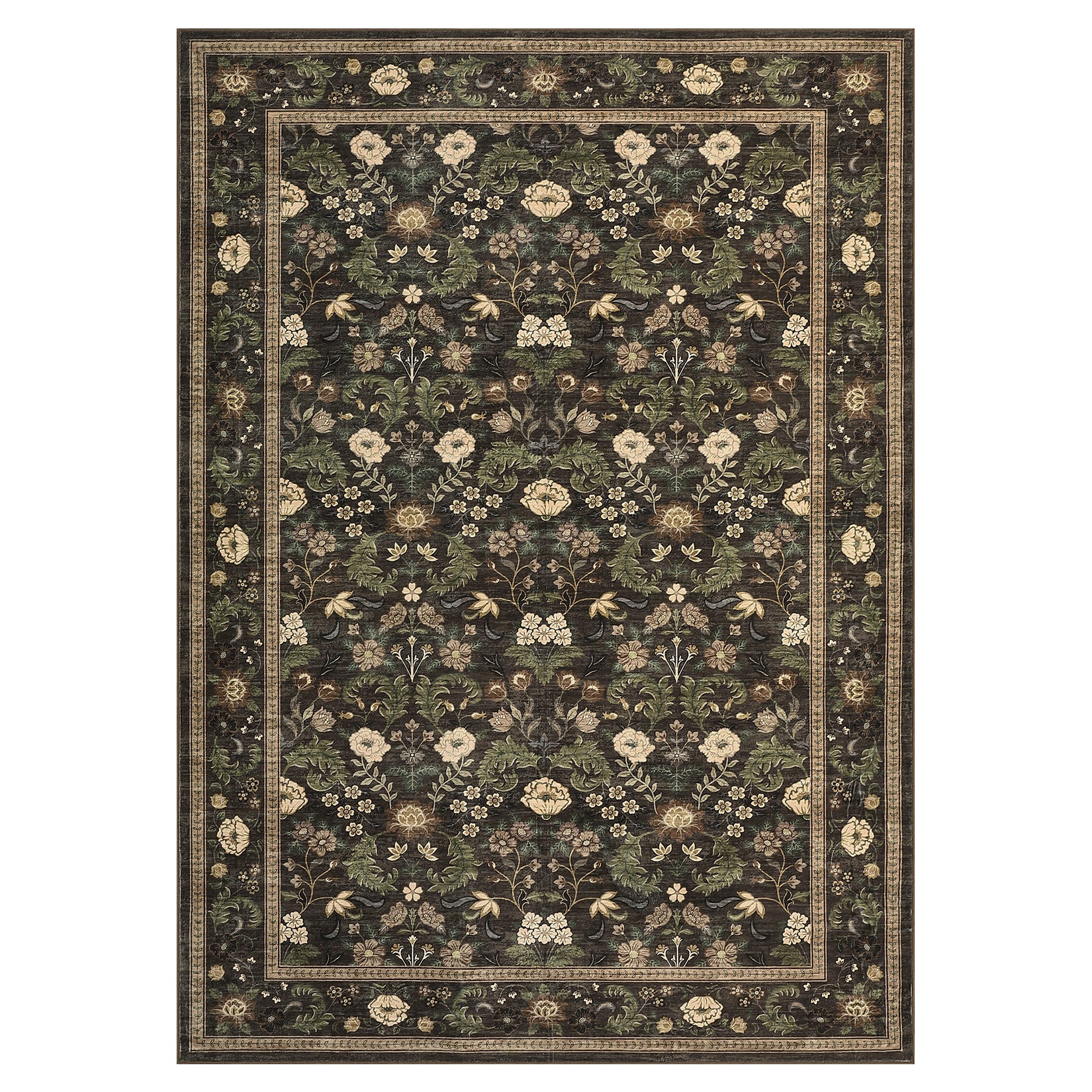 Garvee 5' x 7' Chocolate Brown Vintage Floral Area Rug, Washable Non-Slip Low-Pile Rustic Botanical Rug for Living Room, Bedroom & Nursery