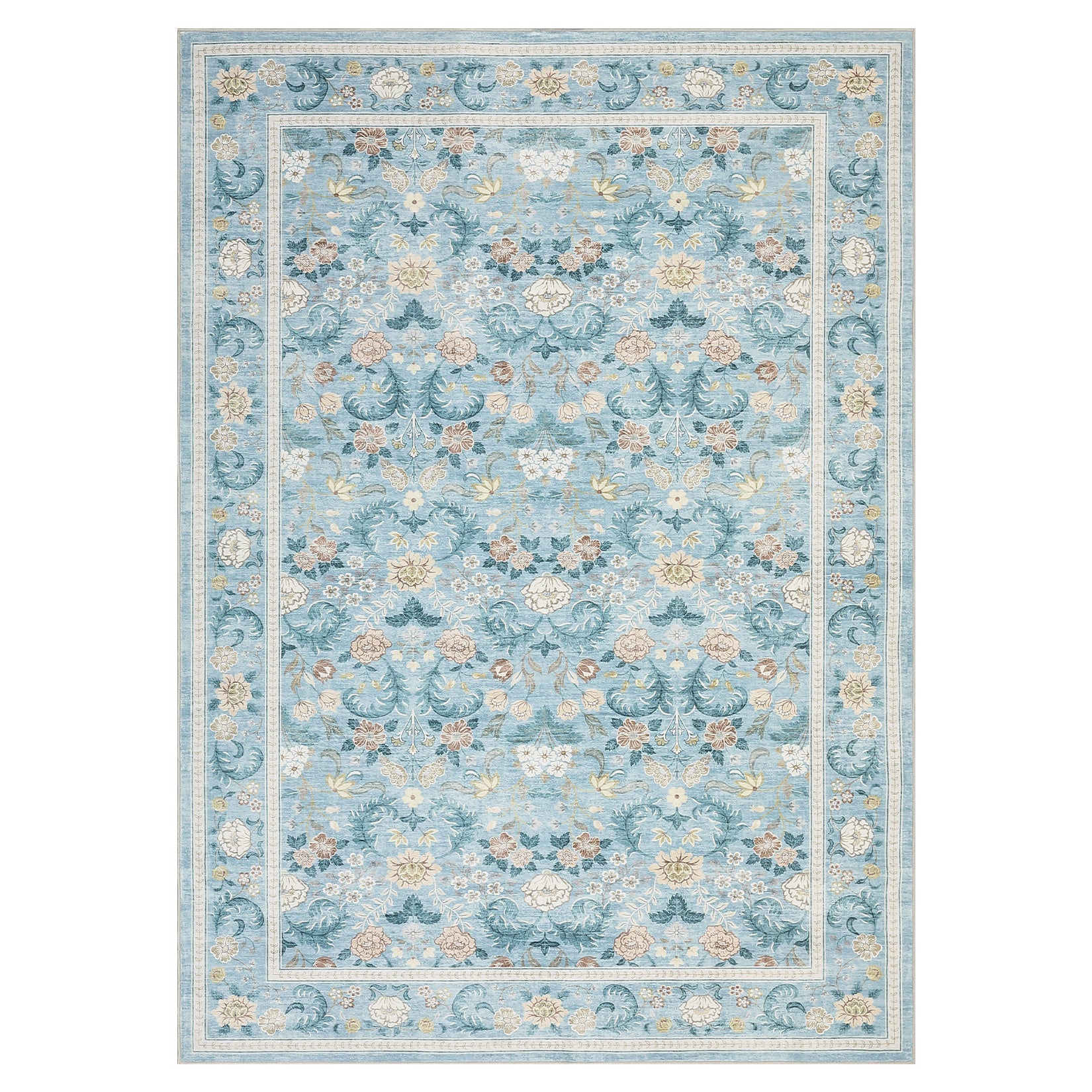 Garvee 5' x 7' Light Blue Vintage Floral Area Rug, Washable Non-Slip Low-Pile Soft Botanical Rug for Bedroom, Nursery & Living Room