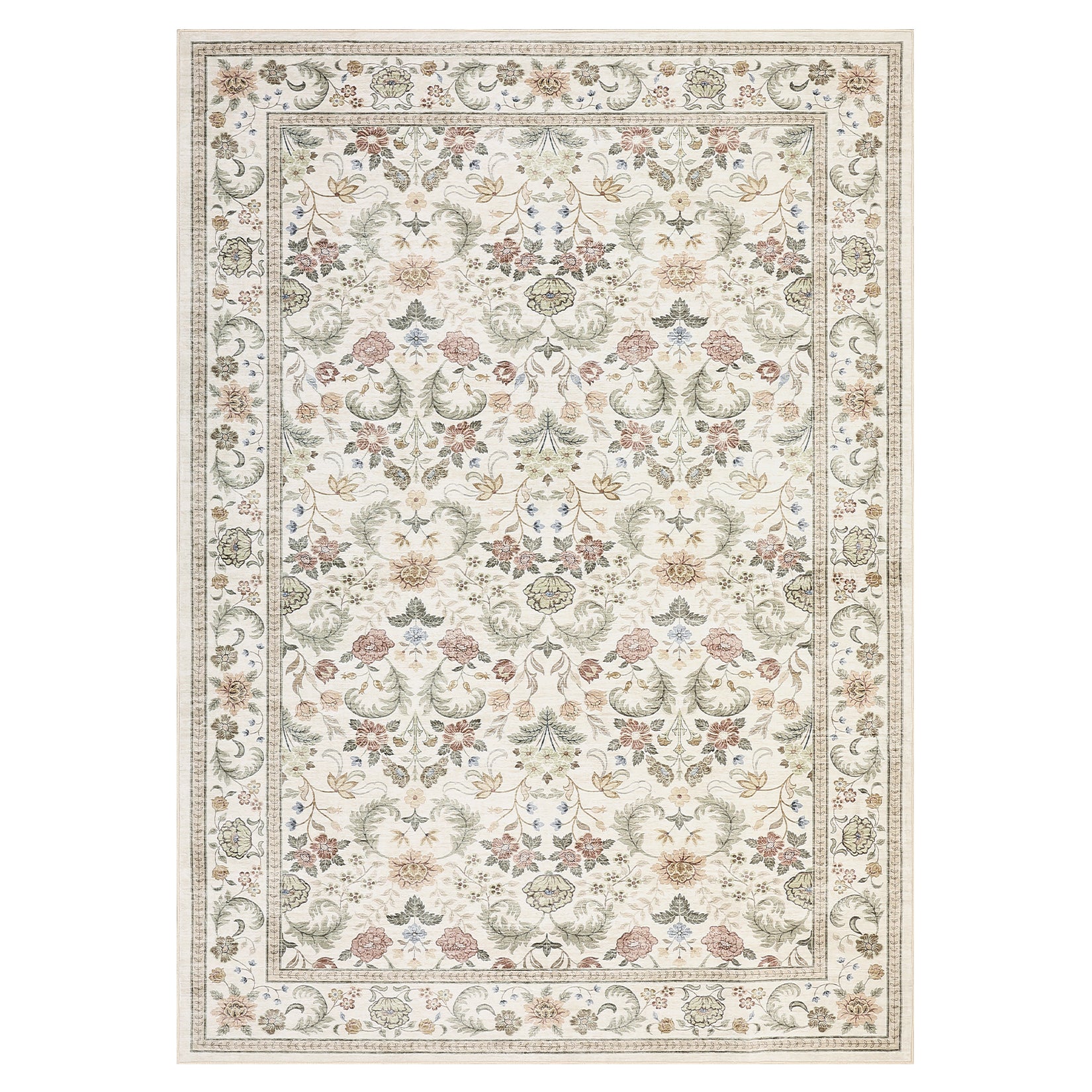 Garvee 5' x 7' Beige Vintage Floral Area Rug, Washable Non-Slip Low-Pile Soft Rug for Living Room, Bedroom, Dining Room & Nursery