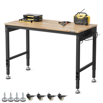 GARVEE Adjustable Workbench, 2000 lbs Load Capacity, 48 x 24 Inch Rubber Wood Top Work Bench with 4 Rolling Casters & Power Outlets, Heavy-Duty Work Table for Garage, Workshop, Office