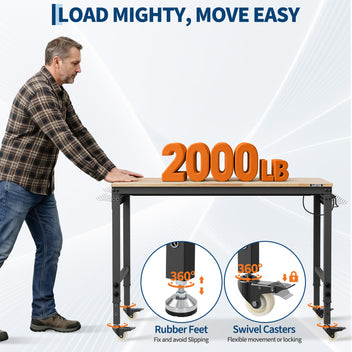 GARVEE Adjustable Workbench, 2000 lbs Load Capacity, 48 x 24 Inch Rubber Wood Top Work Bench with 4 Rolling Casters & Power Outlets, Heavy-Duty Work Table for Garage, Workshop, Office