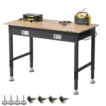 GARVEE Adjustable Workbench, 2000 lbs Capacity, 48 x 24 Inch Rubber Wood Top Work Bench with Drawer & 4 Rolling Casters, Heavy-Duty Metal Frame Work Table for Garage, Workshop, Office, Home, without Back Panel Light Strip