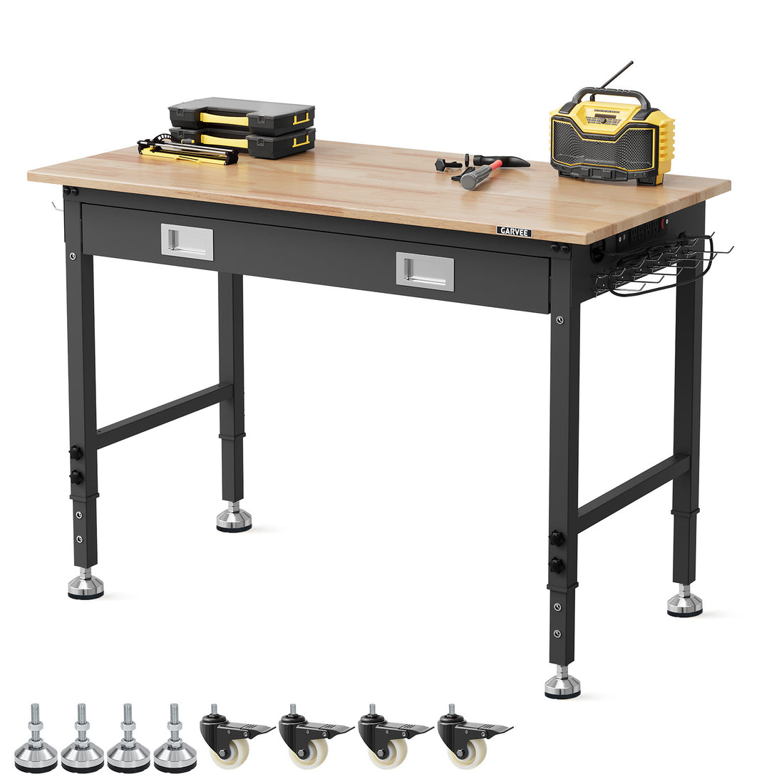 GARVEE Adjustable Workbench, 2000 lbs Capacity, 48 x 24 Inch Rubber Wood Top Work Bench with Drawer & 4 Rolling Casters, Heavy-Duty Metal Frame Work Table for Garage, Workshop, Office, Home, without Back Panel Light Strip