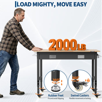 GARVEE Adjustable Workbench, 2000 lbs Capacity, 48 x 24 Inch Rubber Wood Top Work Bench with Drawer & 4 Rolling Casters, Heavy-Duty Metal Frame Work Table for Garage, Workshop, Office, Home, without Back Panel Light Strip