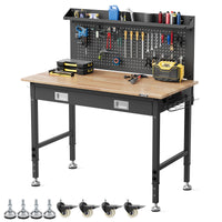GARVEE Workbench, 2000 lbs Load Capacity, 48 x 24 Inch Rubber Wood Top Work Bench with Drawer Storage, Backplate, Power Outlets & Hooks, Heavy-Duty Workstation for Garage, Workshop, Office