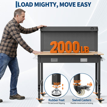 GARVEE Workbench, 2000 lbs Load Capacity, 48 x 24 Inch Rubber Wood Top Work Bench with Drawer Storage, Backplate, Power Outlets & Hooks, Heavy-Duty Workstation for Garage, Workshop, Office
