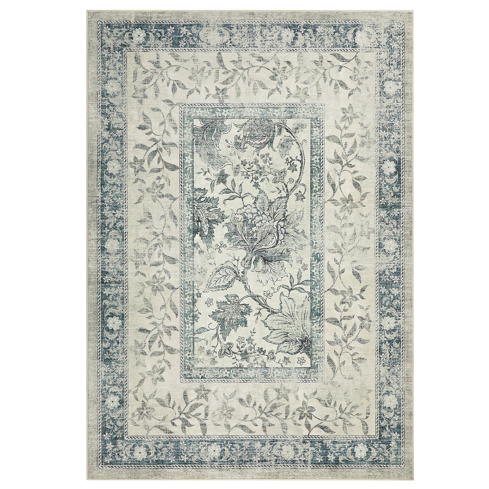 Garvee Washable Rugs for Indoor Use, Green Botanical Floral Print, Non-Slip Low Pile Soft Area Rug, Farmhouse Aesthetic Carpet for Living Room, Bedroom, Kitchen, Dining Room