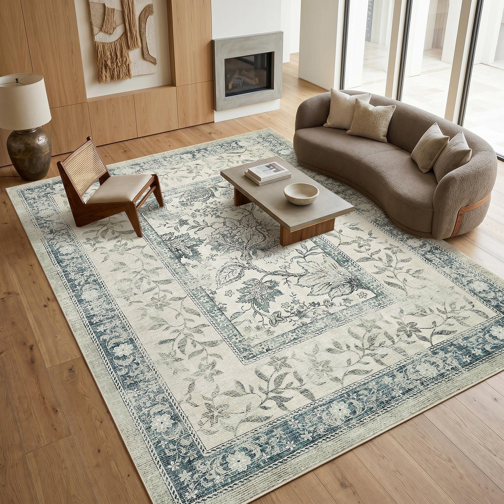 Garvee Washable Rugs for Indoor Use, Green Botanical Floral Print, Non-Slip Low Pile Soft Area Rug, Farmhouse Aesthetic Carpet for Living Room, Bedroom, Kitchen, Dining Room