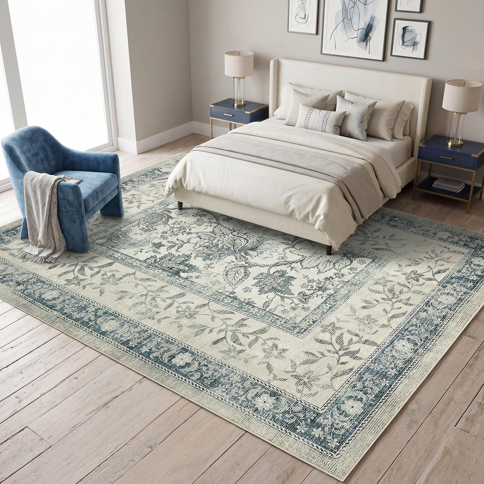 Garvee Washable Rugs for Indoor Use, Green Botanical Floral Print, Non-Slip Low Pile Soft Area Rug, Farmhouse Aesthetic Carpet for Living Room, Bedroom, Kitchen, Dining Room