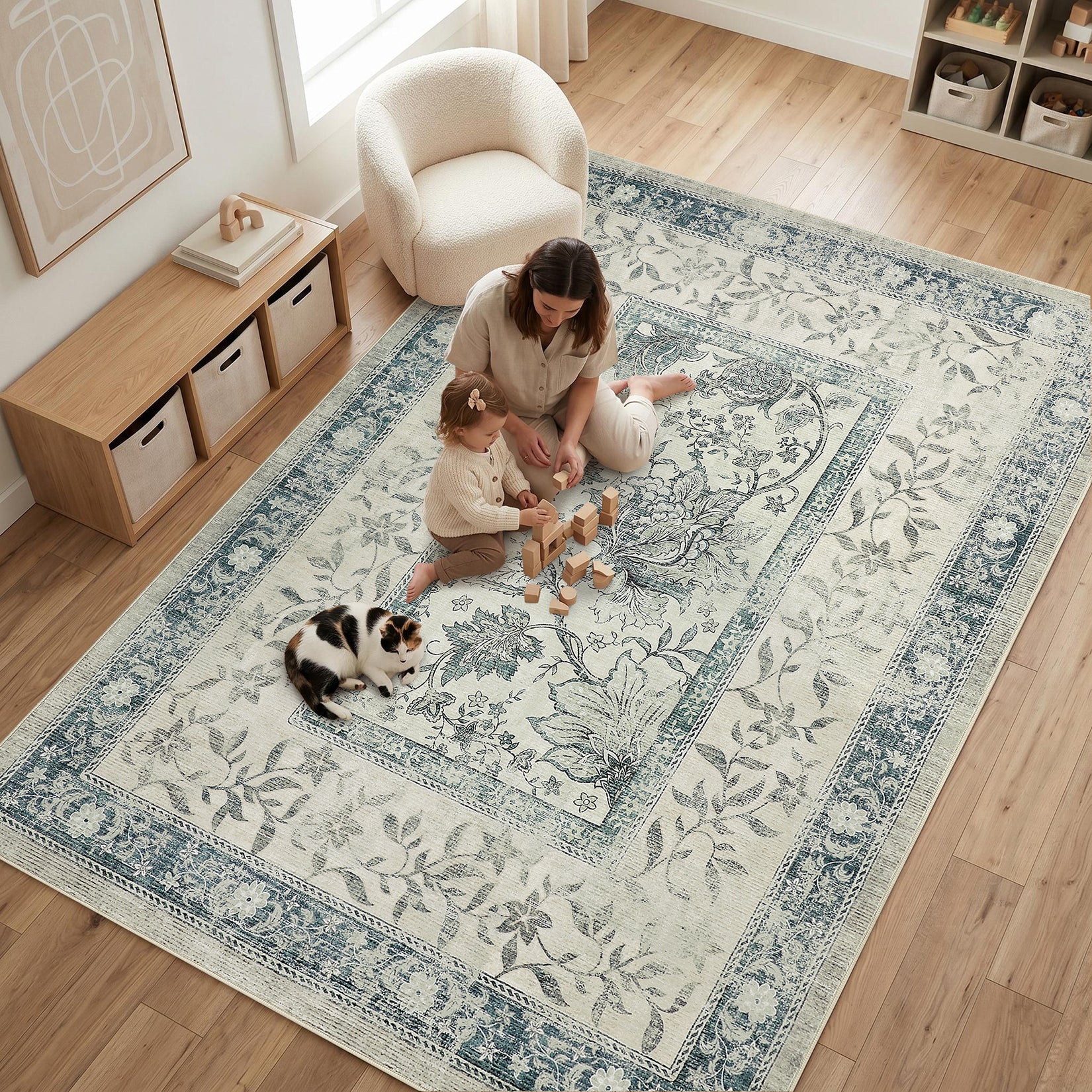 Garvee Washable Rugs for Indoor Use, Green Botanical Floral Print, Non-Slip Low Pile Soft Area Rug, Farmhouse Aesthetic Carpet for Living Room, Bedroom, Kitchen, Dining Room