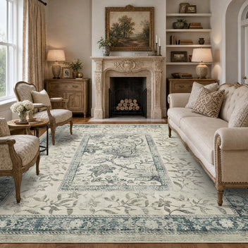 Garvee Washable Rugs for Indoor Use, Green Botanical Floral Print, Non-Slip Low Pile Soft Area Rug, Farmhouse Aesthetic Carpet for Living Room, Bedroom, Kitchen, Dining Room
