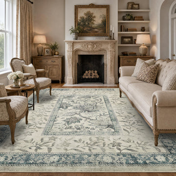 Garvee Washable Rugs for Indoor Use, Green Botanical Floral Print, Non-Slip Low Pile Soft Area Rug, Farmhouse Aesthetic Carpet for Living Room, Bedroom, Kitchen, Dining Room