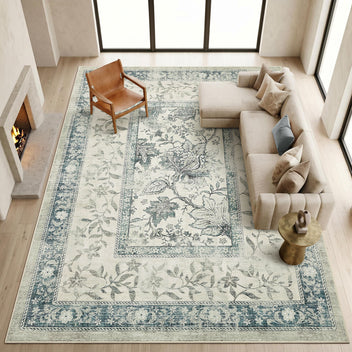 Garvee Washable Rugs for Indoor Use, Green Botanical Floral Print, Non-Slip Low Pile Soft Area Rug, Farmhouse Aesthetic Carpet for Living Room, Bedroom, Kitchen, Dining Room