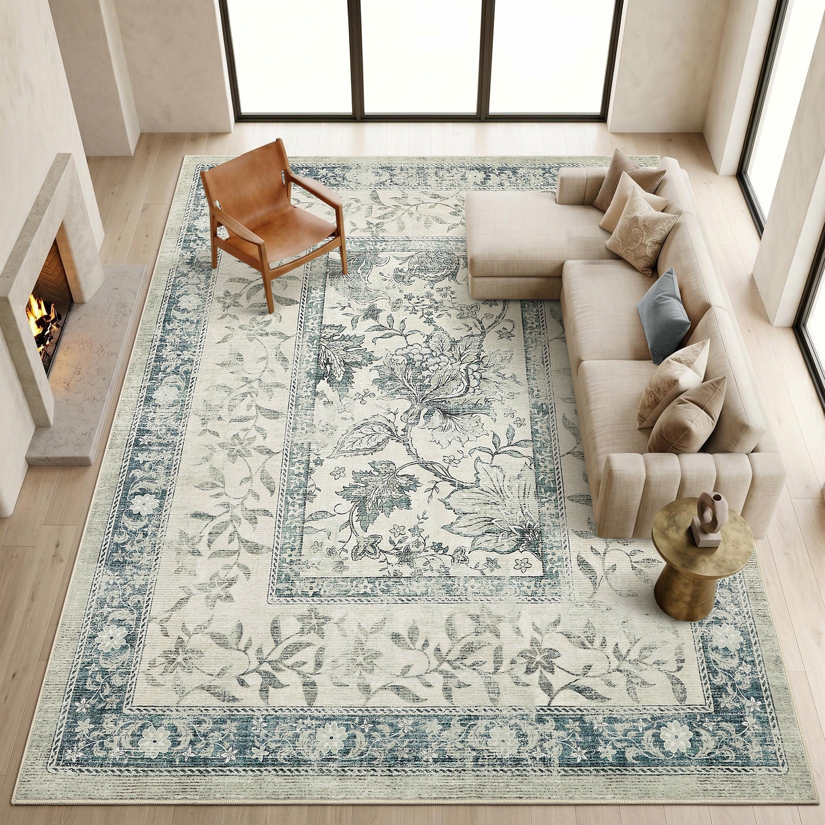 Garvee Washable Rugs for Indoor Use, Green Botanical Floral Print, Non-Slip Low Pile Soft Area Rug, Farmhouse Aesthetic Carpet for Living Room, Bedroom, Kitchen, Dining Room