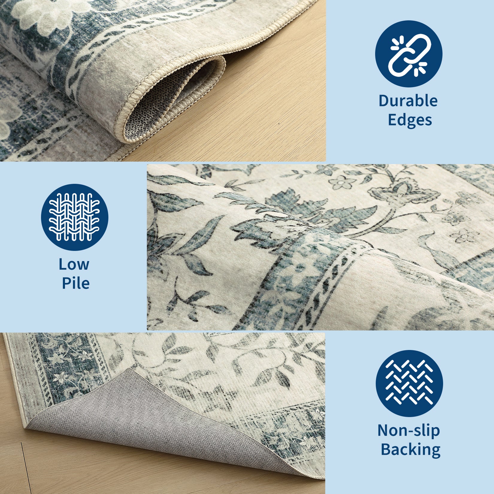 Garvee Washable Rugs for Indoor Use, Green Botanical Floral Print, Non-Slip Low Pile Soft Area Rug, Farmhouse Aesthetic Carpet for Living Room, Bedroom, Kitchen, Dining Room