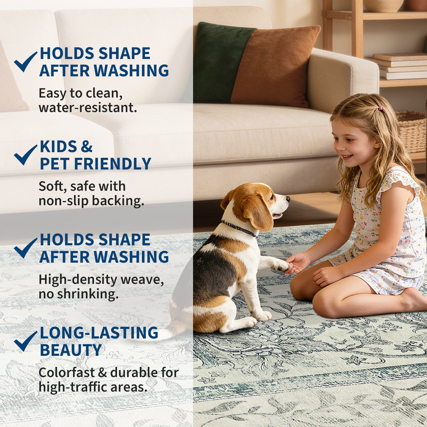 Garvee Washable Rugs for Indoor Use, Green Botanical Floral Print, Non-Slip Low Pile Soft Area Rug, Farmhouse Aesthetic Carpet for Living Room, Bedroom, Kitchen, Dining Room