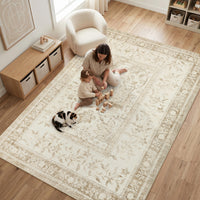 Garvee Washable Rugs for Indoor Use, Green Botanical Floral Print, Non-Slip Low Pile Soft Area Rug, Farmhouse Aesthetic Carpet for Living Room, Bedroom, Kitchen, Dining Room