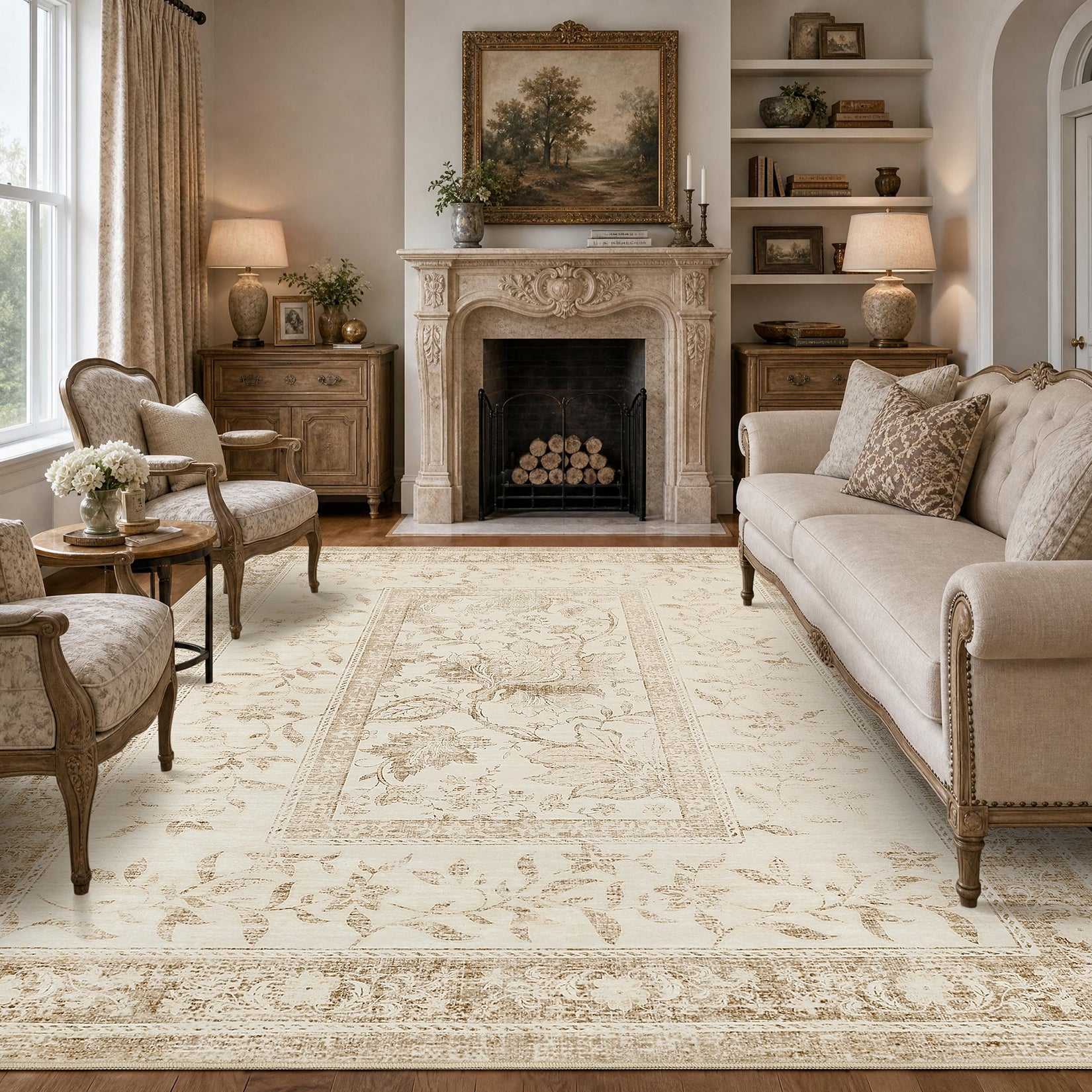 Garvee Washable Rugs for Indoor Use, Green Botanical Floral Print, Non-Slip Low Pile Soft Area Rug, Farmhouse Aesthetic Carpet for Living Room, Bedroom, Kitchen, Dining Room