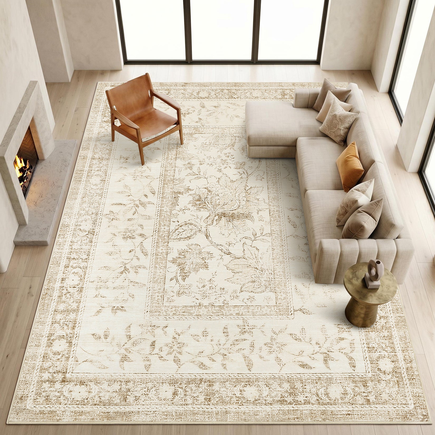 Garvee Washable Rugs for Indoor Use, Green Botanical Floral Print, Non-Slip Low Pile Soft Area Rug, Farmhouse Aesthetic Carpet for Living Room, Bedroom, Kitchen, Dining Room