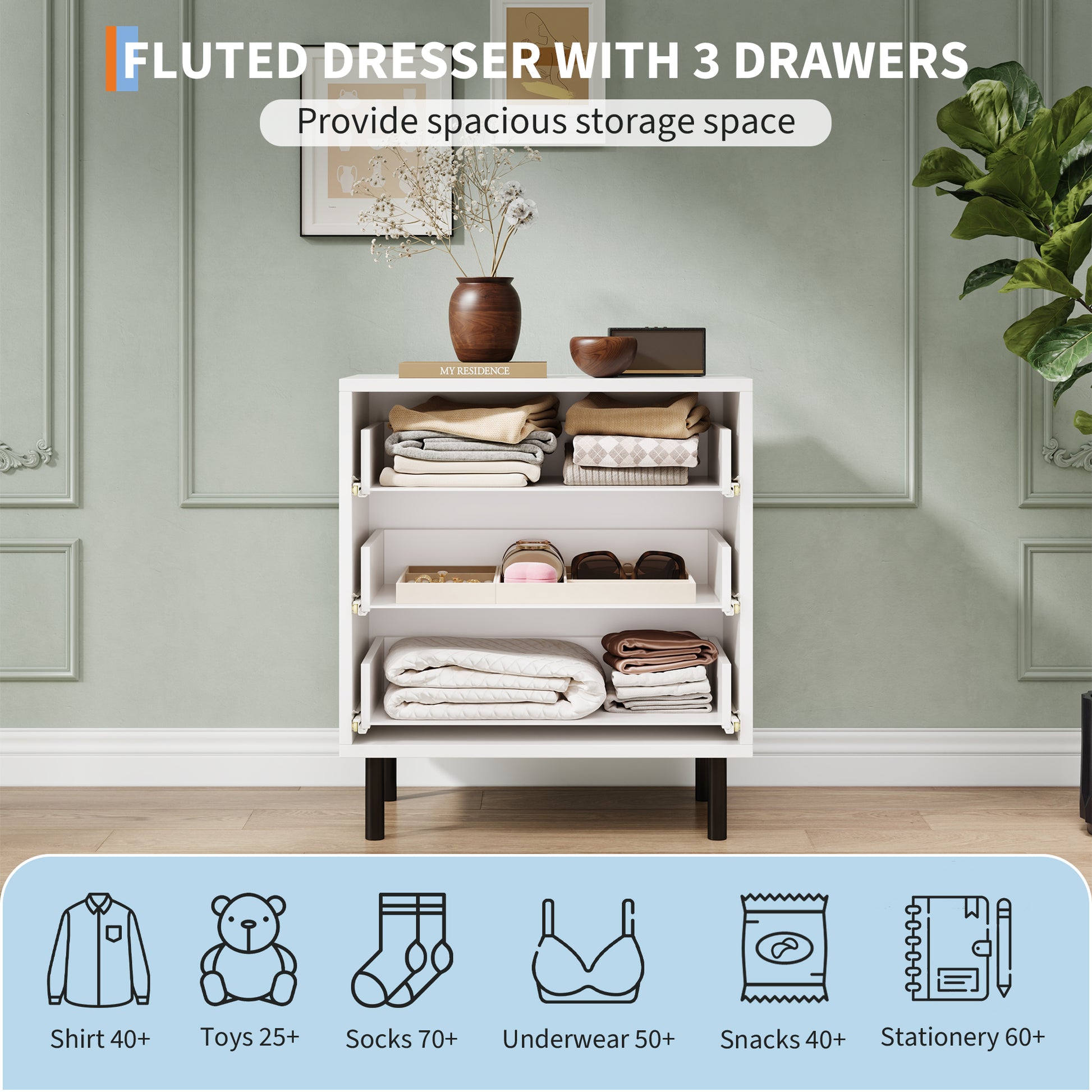 Garvee Modern Fluted 3 Drawer Dresser - Spacious Wooden Storage Cabinet with Metal Legs - Anti-Tipping Device for Bedroom, Entryway, Living Room - Mid Century Hallway Chest - Color: White