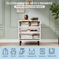 Garvee Modern Fluted 3 Drawer Dresser - Spacious Wooden Storage Cabinet with Metal Legs - Anti-Tipping Device for Bedroom, Entryway, Living Room - Mid Century Hallway Chest - Color: White