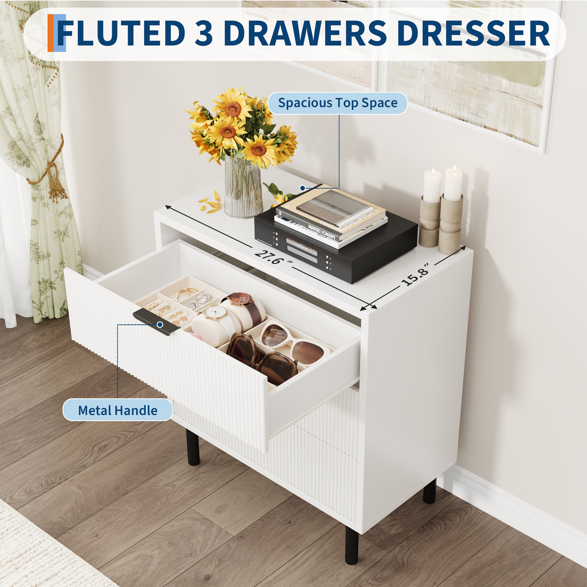 Garvee Modern Fluted 3 Drawer Dresser - Spacious Wooden Storage Cabinet with Metal Legs - Anti-Tipping Device for Bedroom, Entryway, Living Room - Mid Century Hallway Chest - Color: White