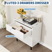 Garvee Modern Fluted 3 Drawer Dresser - Spacious Wooden Storage Cabinet with Metal Legs - Anti-Tipping Device for Bedroom, Entryway, Living Room - Mid Century Hallway Chest - Color: White