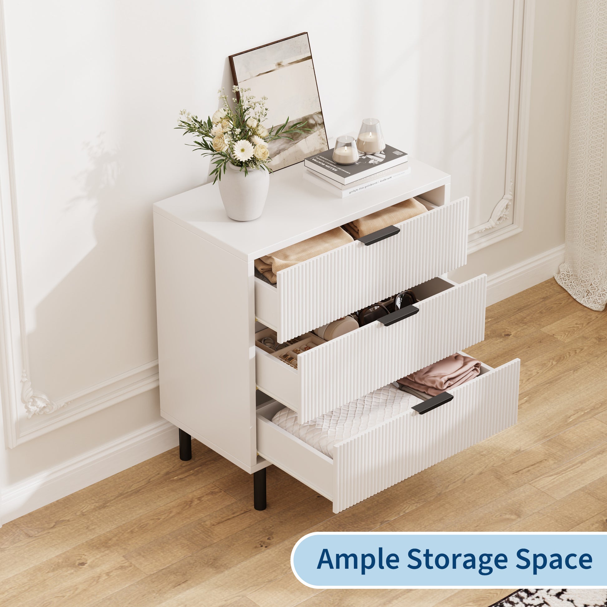 Garvee Modern Fluted 3 Drawer Dresser - Spacious Wooden Storage Cabinet with Metal Legs - Anti-Tipping Device for Bedroom, Entryway, Living Room - Mid Century Hallway Chest - Color: White