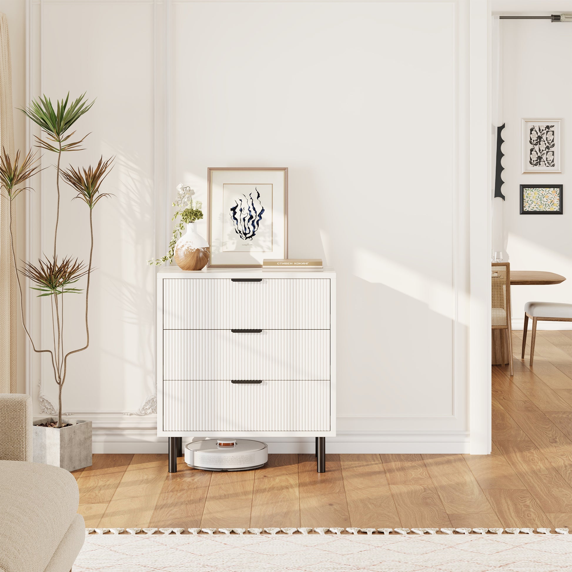 Garvee Modern Fluted 3 Drawer Dresser - Spacious Wooden Storage Cabinet with Metal Legs - Anti-Tipping Device for Bedroom, Entryway, Living Room - Mid Century Hallway Chest - Color: White