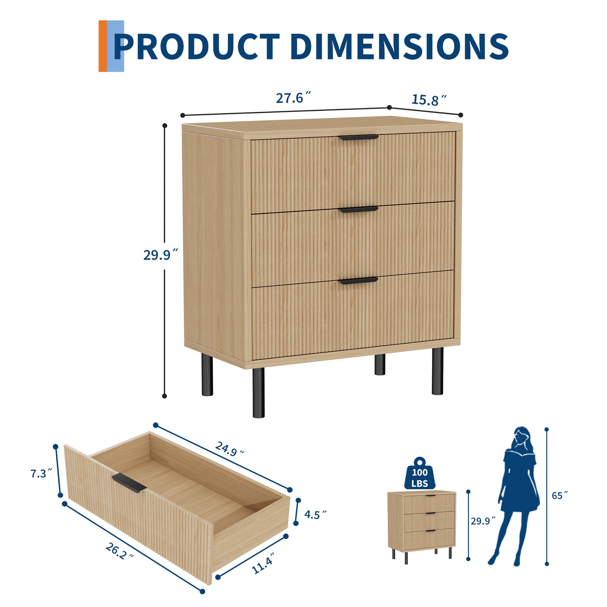 Garvee Modern Fluted 3 Drawer Dresser - Wide Wood Grain Storage Cabinet with Metal Legs - Anti-Tipping Device for Bedroom, Entryway, Living Room - Closet Drawer Organizer - Color: Wood grain color