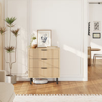 Garvee Modern Fluted 3 Drawer Dresser - Wide Wood Grain Storage Cabinet with Metal Legs - Anti-Tipping Device for Bedroom, Entryway, Living Room - Closet Drawer Organizer - Color: Wood grain color