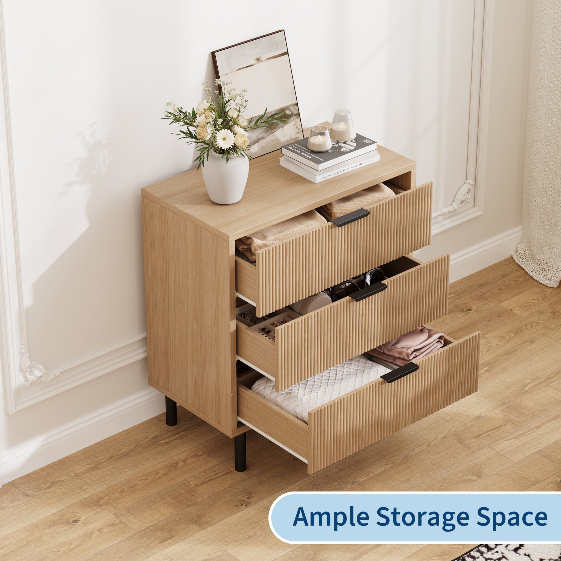 Garvee Modern Fluted 3 Drawer Dresser - Wide Wood Grain Storage Cabinet with Metal Legs - Anti-Tipping Device for Bedroom, Entryway, Living Room - Closet Drawer Organizer - Color: Wood grain color