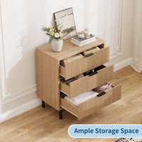Garvee Modern Fluted 3 Drawer Dresser - Wide Wood Grain Storage Cabinet with Metal Legs - Anti-Tipping Device for Bedroom, Entryway, Living Room - Closet Drawer Organizer - Color: Wood grain color
