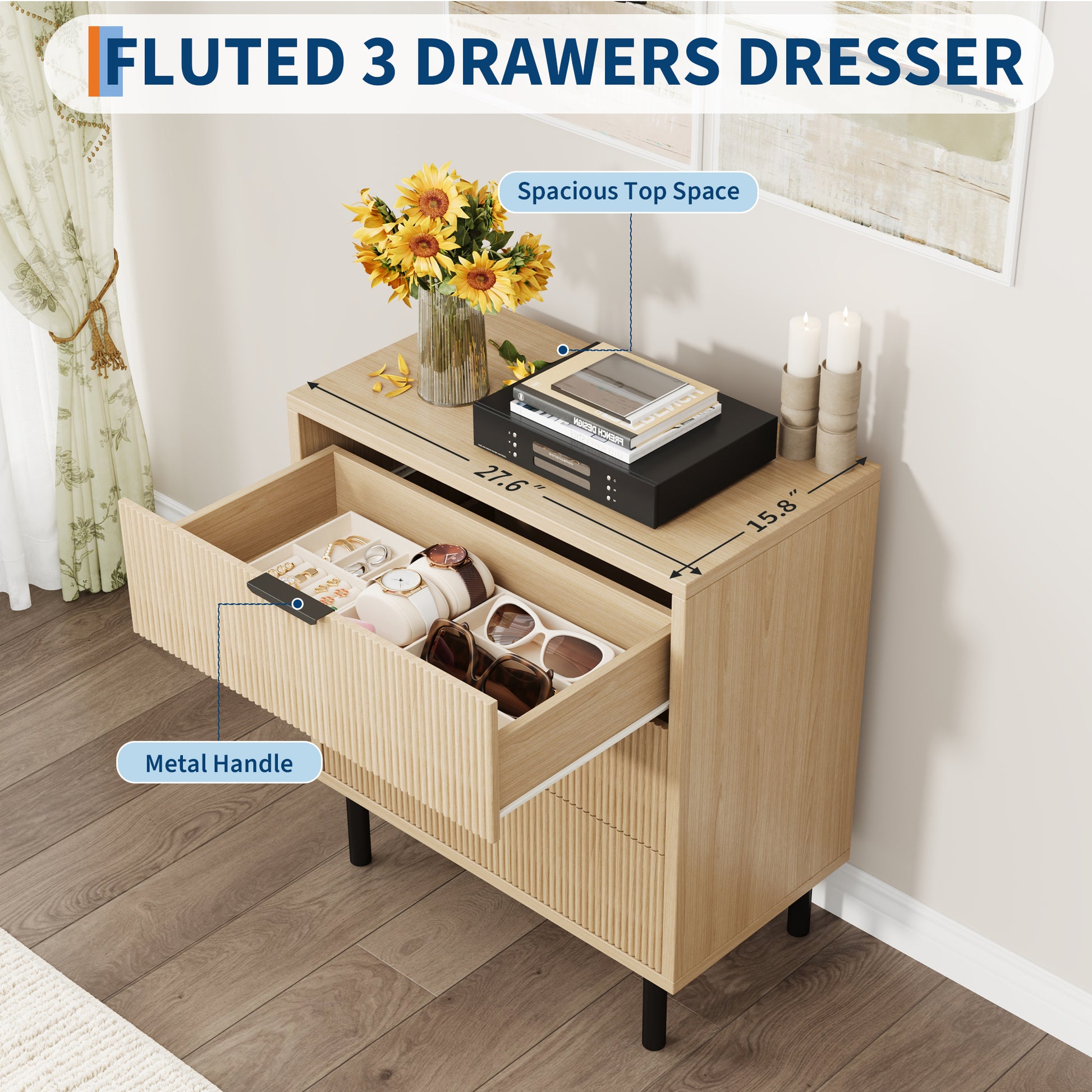Garvee Modern Fluted 3 Drawer Dresser - Wide Wood Grain Storage Cabinet with Metal Legs - Anti-Tipping Device for Bedroom, Entryway, Living Room - Closet Drawer Organizer - Color: Wood grain color
