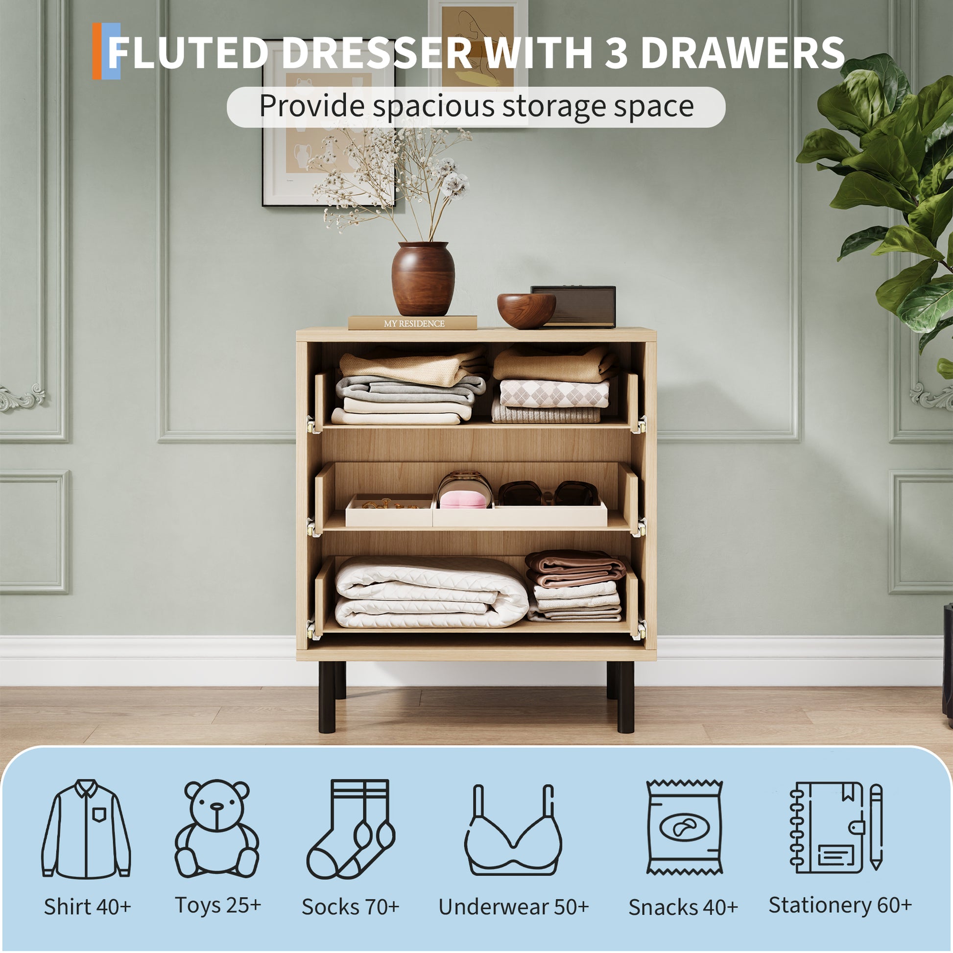Garvee Modern Fluted 3 Drawer Dresser - Wide Wood Grain Storage Cabinet with Metal Legs - Anti-Tipping Device for Bedroom, Entryway, Living Room - Closet Drawer Organizer - Color: Wood grain color